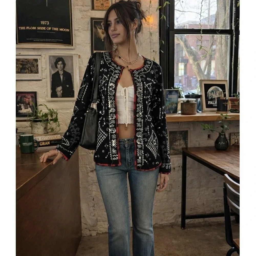 Indie Boho Artsy Cardigan Folk Grunge Lightweight Jacket LARGE Open Front